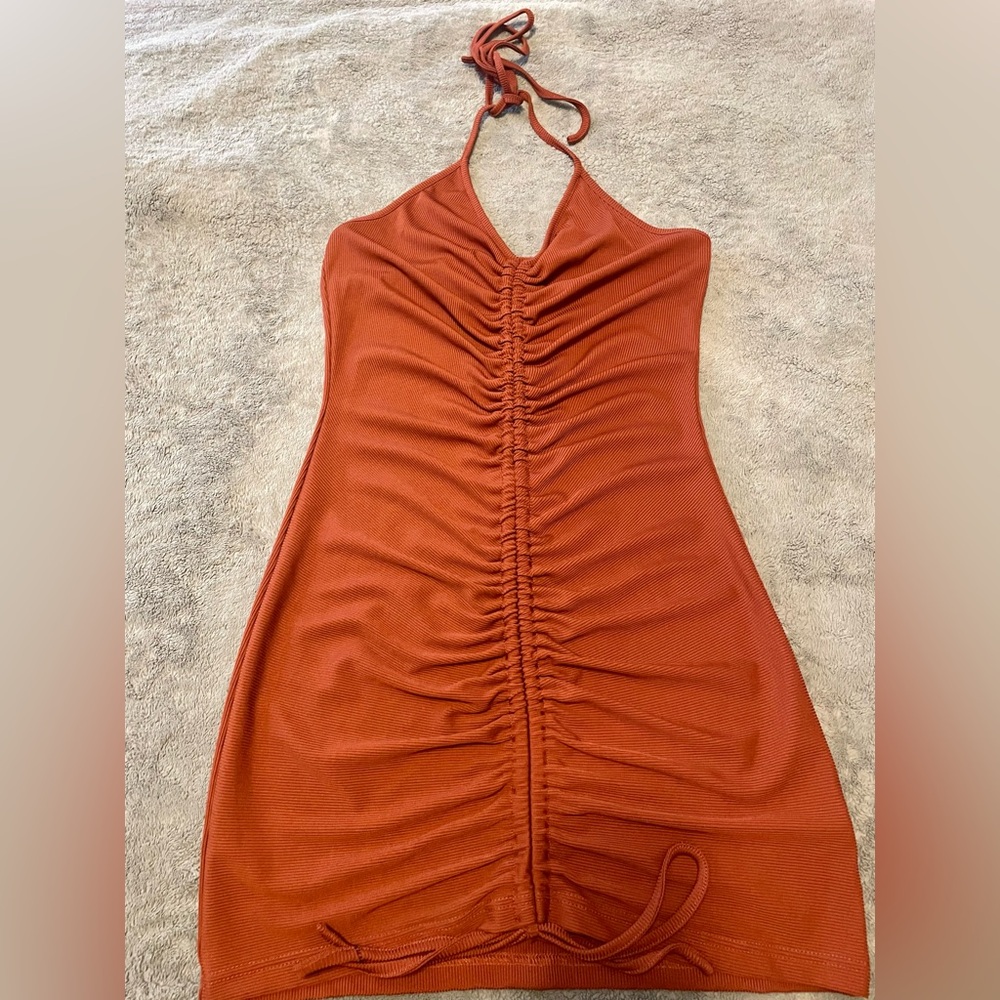 Rust Halter Ruched Dress